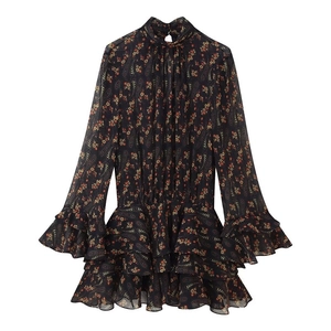 Women Vintage Paisley Floral Print Long Sleeve Mini Dress Ruffle High Neck Flare Sleeve Sexy Boho Chiffon Style Short Dress
