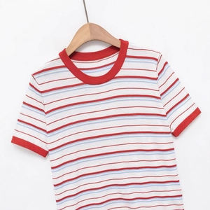 Short sleeve knitted T-shirt with vintage red, white and blue horizontal stripes