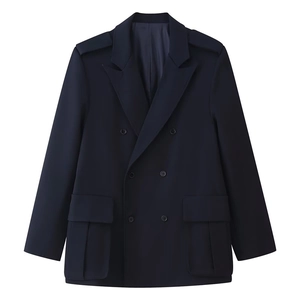 Navy blue double-breasted blazer with classic notch lapels and large flap pockets