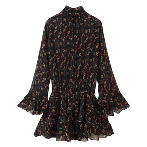 Floral print long sleeve dress with ruffle hem and flare sleeves on white background