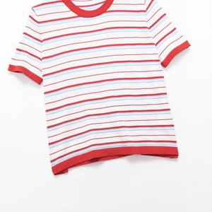 Vintage retro rainbow striped short sleeve knit t-shirt with red ribbed trim