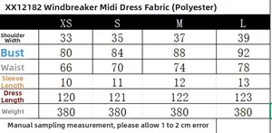Size chart for midi dress showing measurements from XS to L in cm and weight details