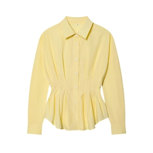 Élégante chemise jaune clair à manches longues avec col à revers et plis à la taille