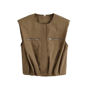 Women's dark brown sleeveless vest with zipper pockets and a structured puffed fit