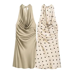 Women Halter Cowl Neck Satin Mini Dress Sexy Ruched Backless Polka Dot Solid Elegant Party Night Club Dress