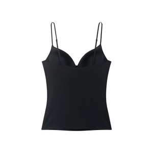 Sleek black nylon blend camisole with built-in cups and adjustable straps