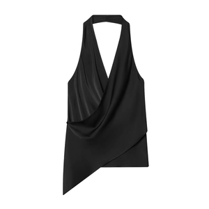 Haut licou élégant en satin noir pour femme avec col en V profond et ourlet asymétrique