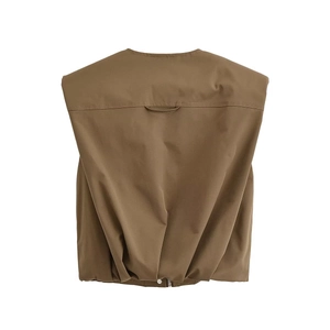 Deep brown sleeveless puffer vest with structured shoulders and elastic hem design
