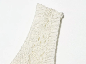 Detailed macro view of cream knit dress featuring intricate crochet patterns and soft texture