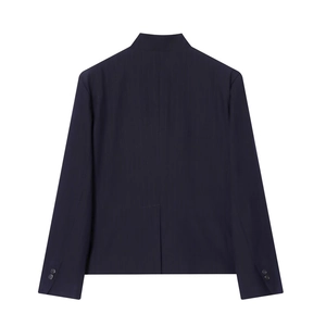 Navy blue pinstripe blazer for women featuring long sleeves and back vent detail
