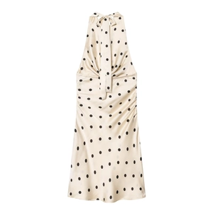 Polka dot halter neck backless satin dress in cream with black dots and tie neck detail