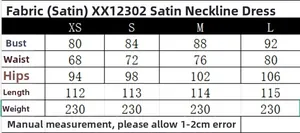 Size chart table for satin halter dress showing XS to L measurements for a perfect fit