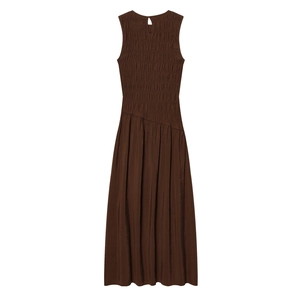 Chocolate brown sleeveless midi dress with smocked bodice and asymmetrical pleated skirt