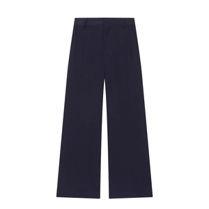Women's high waist dark blue pinstripe wide leg trousers with vertical striped fabric