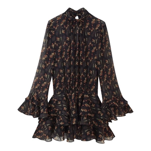 Floral chiffon dress with high neck, flared sleeves and layered ruffle hemline