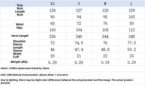 Size chart for French polka dot chiffon maxi dress with precise measurements in CM