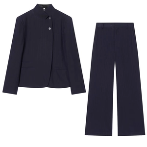 Women's dark navy pinstripe suit with high neck jacket and wide leg trousers