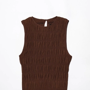 Chic dark brown sleeveless smocked midi dress with elastic pleated texture and keyhole back