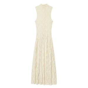 Robe Longue en Dentelle Florale Élégante pour Femmes Sans Manches Col Montant Sexy Coupe Ajustée Crème pour Mariage Fête