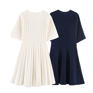 Women Casual Ribbed Knit Short Sleeve A-Line Midi Dress Round Neck Solid Color Polyester Summer Fashion Dress