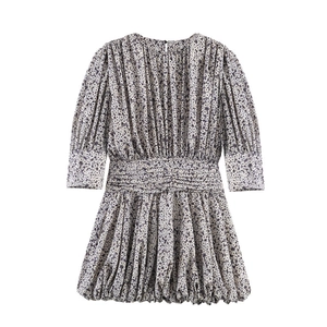 Robe Mini Bohème Fleurie Femme Taille Smockée Décontractée Manches Bouffantes Col Rond Robe Courte Style Chiffon