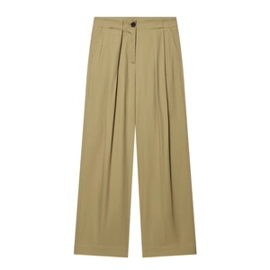 Pantalon plissé taille haute à jambes larges de couleur vert olive avec bouton