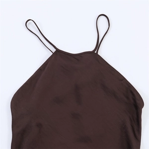 Close-up of brown satin camisole showing high-quality silky texture and fine stitching