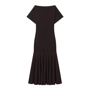 Detail of boat neck dress with short sleeves and pleated mermaid hem in dark brown
