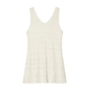 Women Sexy V Neck Sleeveless Pointelle Knit Midi Dress Solid Off White Bodycon Hollow Out Casual Party Fashion Dress