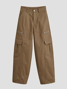 Women's khaki cargo pants featuring decorative metal zippers and multiple utility pockets