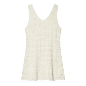 Chic cream white V-neck sleeveless knit dress with intricate pointelle cutout patterns