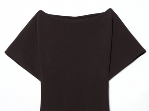 Detail of boat neck design and fine fabric texture on minimalist dark brown blouse