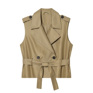 Gilet Sans Manches Style Trench pour Femme Double Boutonnage Revers Taille Ceinture Gilet Décontracté Coupe Ajustée Haut Khaki