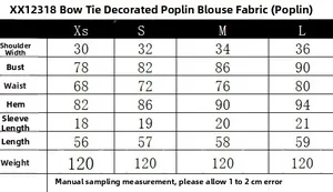Detailed size chart for the bowknot poplin top listing Xs to L measurements in centimeters