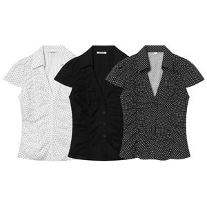 Mode Damen Kurzarm Punktmuster Bluse Gerafft V-Ausschnitt Baumwollmischung Hemd Casual Streetwear Slim Fit Top