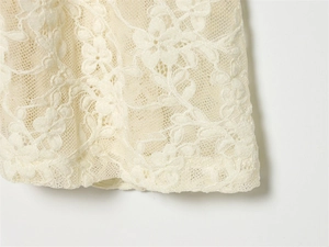 Vue macro détaillée du tissu en dentelle florale crème avec broderie sur maille fine