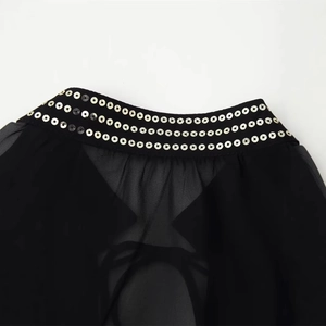 Black sheer blouse featuring three rows of shiny gold sequins on the neckline trim