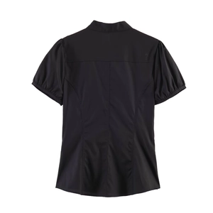 Detail view of the black short sleeve poplin shirt back with stand collar and dart seams