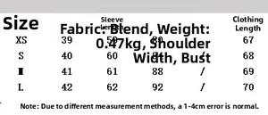 Detailed size chart for women's tiered blazer showing measurements in centimeters