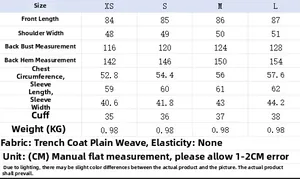 Size guide for French style short trench coat with detailed measurements from XS to L