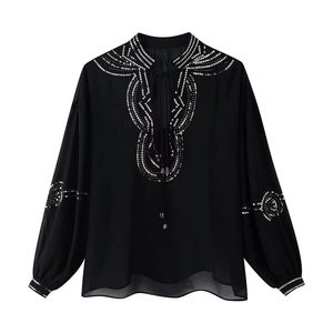 Women's black sequin embroidered long sleeve chiffon blouse with tassel V-neck
