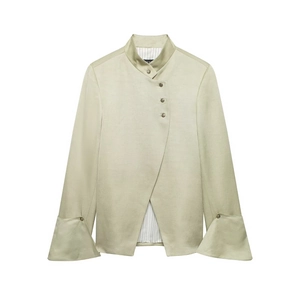Sage green stand collar jacket with asymmetric metal buttons and flared bell cuffs