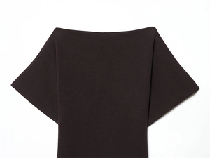 Close-up of elegant boat neck knitted top with refined ribbed texture in dark brown