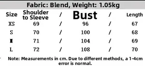 Detailed size chart for leather effect jacket with bust and length in centimeters