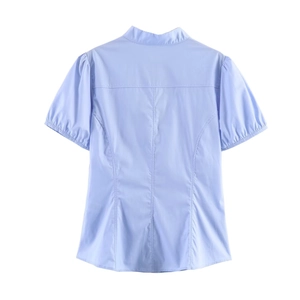 Detail view of the back of a light blue poplin top featuring waist seams and puff sleeves