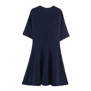 Classic navy blue knit dress featuring a round neck and pleated A-line silhouette