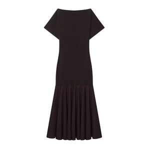 Women Elegant Boat Neck Short Sleeve Pleated Fishtail Maxi Dress Slim Fit Solid Color Patchwork Polyester Long Dress