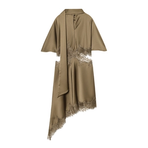 Elegant bronze satin midi dress featuring lace cutouts and an asymmetrical floral hemline