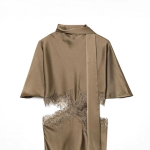 Elegant silk-texture cutout top in coffee brown with lace detail and neck tie