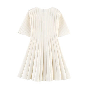 White short sleeve knitted dress with vertical ribbed texture and A-line silhouette